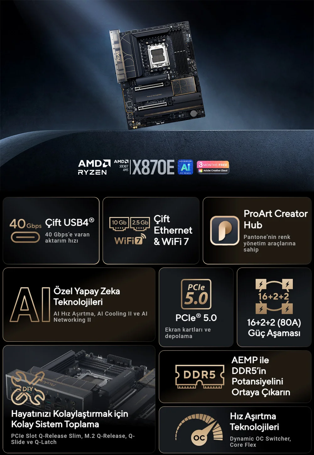 Asus PROART X870E-CREATOR WIFI AMD X870E Soket AM5 DDR5 8000+(OC)MHz ATX Gaming Anakart